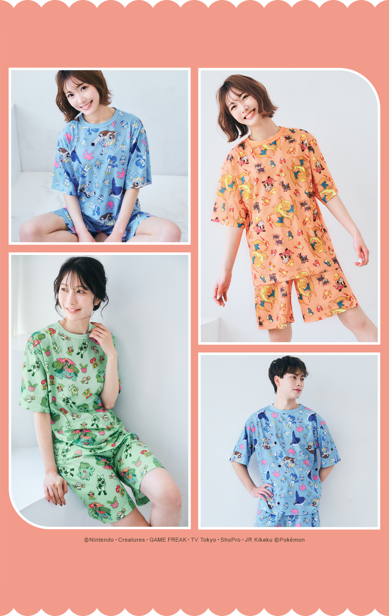 タイプ別のポケモンを総柄でプリントした、夏用ルームウェアの大人サイズの上下セットです。半袖Tシャツと膝丈ショートパンツのセットアップは、さらっとした肌触りの薄手素材で、暑い季節でも快適です